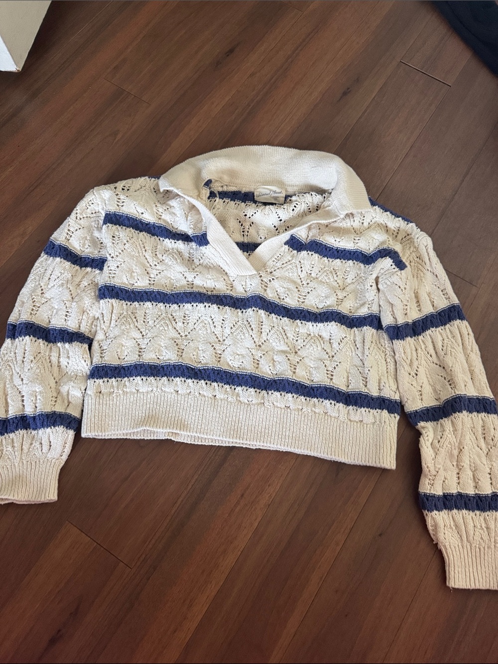 Universal Thread Cream Open-Knit Sweater with Blue Stripes